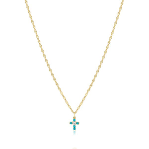 Mini Cross Turquoise/White Zircon Necklace-Sterling Silver plated in 14K